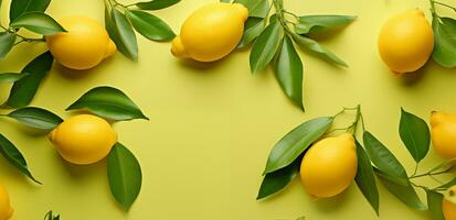 Ripe lemons and lemon leaves on a yellow background. Top view. photo