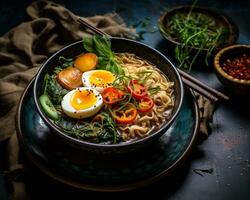 AI generated Japanese ramen with eggs and vegetables in a bowl photo