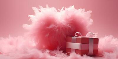 AI generated A red gift box and a feathered heart behind it on a pink background. Valentines Day celebration. Generated by artificial intelligence. photo