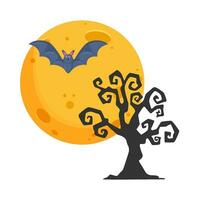 moon, bat fly with tree illustration vector