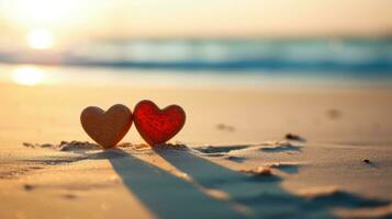 ai generado dos corazones en playa arena a puesta de sol San Valentín concepto foto