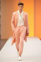 AI generated Chic Peach Suit on Runway, Trendsetting Spring Fashion Statement. photo