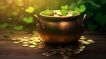 AI generated Pot of Gold with Clover Leaves for St. Patrick's Day photo