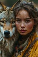 AI generated Woman and Wolf in Wilderness Companionship. photo