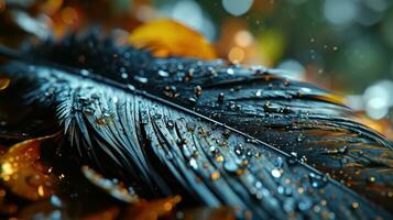 ai generado rociado pluma en bosque piso con dorado ligero bokeh foto