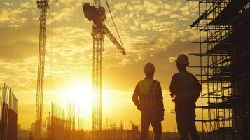 AI generated Construction Workers Overseeing Site at Sunset Silhouette. photo