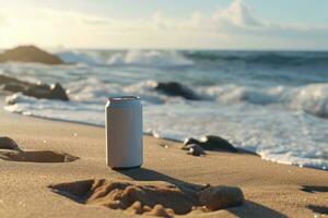 AI generated Blank Beverage Can Mockup on Sandy Beach at Sunset photo