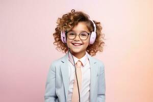 AI generated Joyful Curly-Haired Boy Smiling with Pink Headphones and Glasses photo