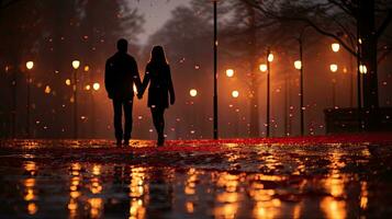 AI generated Couples Silhouette Stroll Under Heart-Filled Twilight Sky. photo