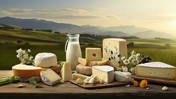 AI generated Assorted Dairy Delights on Rustic Table in Pastoral Landscape. photo