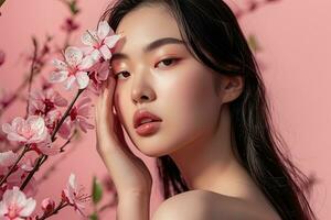 ai generado coreano belleza modelo con perfecto piel y primavera flores foto