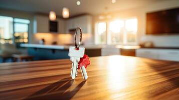 ai generado hogar llaves en de madera mesa dentro moderno casa. foto