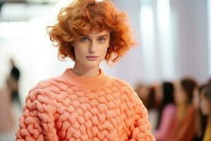 AI generated Bold Peach Ruffles Define Chic Runway Statement Look 2024. photo