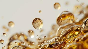 AI generated Golden Skincare Oil Drops with Air Bubbles on White Background photo