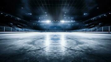 AI generated Empty Ice Hockey Rink with Glare and Arena Seating photo