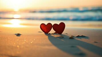 ai generado dos corazones en playa arena a puesta de sol San Valentín concepto foto