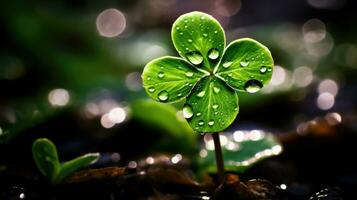 AI generated Dewy Four-Leaf Clover Perfect for St. Patrick's Day photo