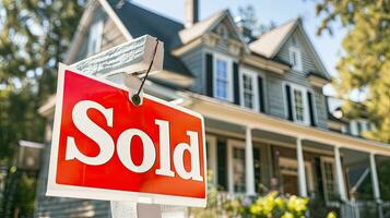 AI generated Sold Sign Displayed in Front of a Suburban Home. photo