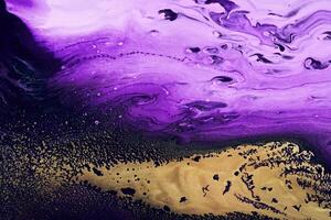 Metallic gold abstraction on violet waves. Fluid Art. Marble effect background or texture photo