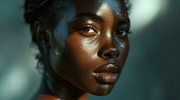 AI generated Black Woman Portrait with Radiant Skin and Ethereal Glow photo