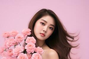 ai generado coreano belleza modelo con perfecto piel y primavera flores foto