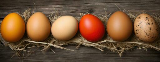 AI generated Colorful Easter Eggs Lined Up on Rustic Wooden Background photo