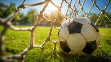 ai generado fútbol pelota en red significando objetivo en soleado día. foto