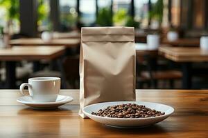 AI generated Blank Paper Coffee Bag Mockup on Wooden Table photo