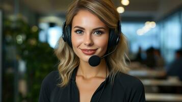 AI generated Smiling Customer Service Representative with Headset in Office photo