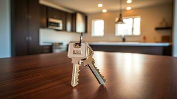 AI generated Home Keys on Wooden Table Inside Modern House. photo