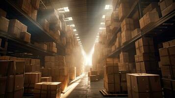 AI generated Warehouse Aisle Lined with Stacked Cardboard Boxes. photo