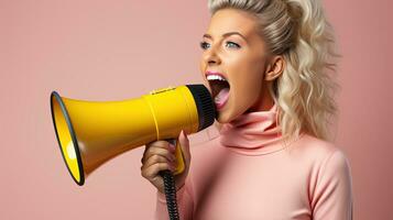 AI generated Energetic Woman Making Announcement with White Megaphone photo