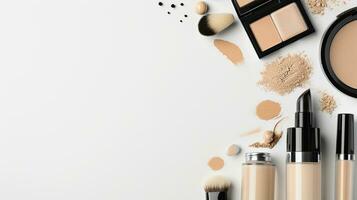 AI generated Assorted Cosmetics and Brushes Top View with Ample Copy Space photo