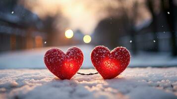 ai generado dos rojo corazones vinculado juntos en Nevado San Valentín ambiente foto