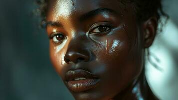 ai generado negro mujer retrato con radiante piel y etéreo resplandor foto