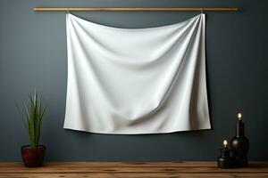 AI generated Elegant Draped White Fabric Banner Mockup on Wall photo