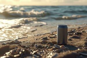 AI generated Blank Beverage Can Mockup on Sandy Beach at Sunset photo