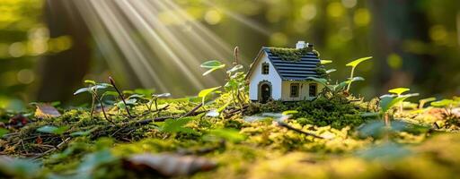 AI generated Miniature House Amidst Growing Seedlings in Bright Sunlight. photo