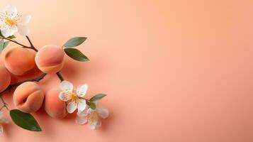 AI generated Peach Fuzz Blossoms and Fruit on Pastel Background. photo