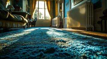 AI generated Close-Up of Blue Textured Carpet in Modern Home Interior. photo