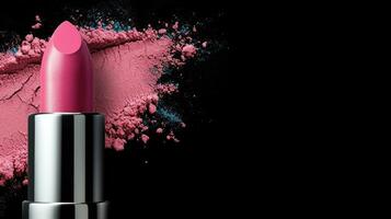 AI generated Pink Lipstick with Crushed Powder on Black Background. photo