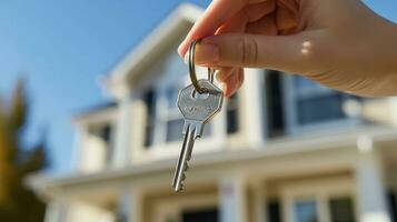 AI generated Hand Holding House Keys with New Home in Background. photo