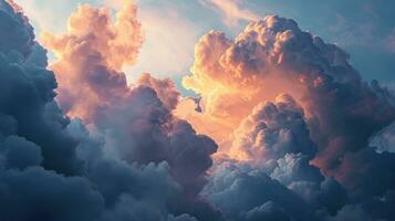 AI generated Ethereal Cloudscape Radiating Heavenly Light at Sunset photo