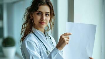 AI generated Young Female Doctor Holding Blank Banner in Clinical Setting photo