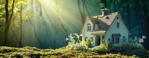 AI generated Miniature House Amidst Growing Seedlings in Bright Sunlight. photo