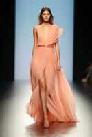 AI generated Bold Peach Ruffles Define Chic Runway Statement Look 2024. photo