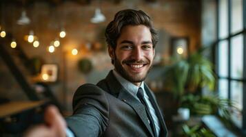 AI generated Friendly Businessman Offering Handshake in Office. photo