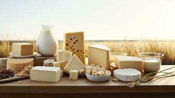 AI generated Assorted Dairy Delights on Rustic Table in Pastoral Landscape. photo