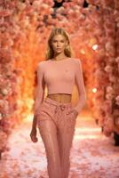 AI generated Bold Peach Ruffles Define Chic Runway Statement Look 2024. photo