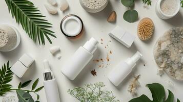 AI generated Natural Skincare Products Top View with Mockup Space photo